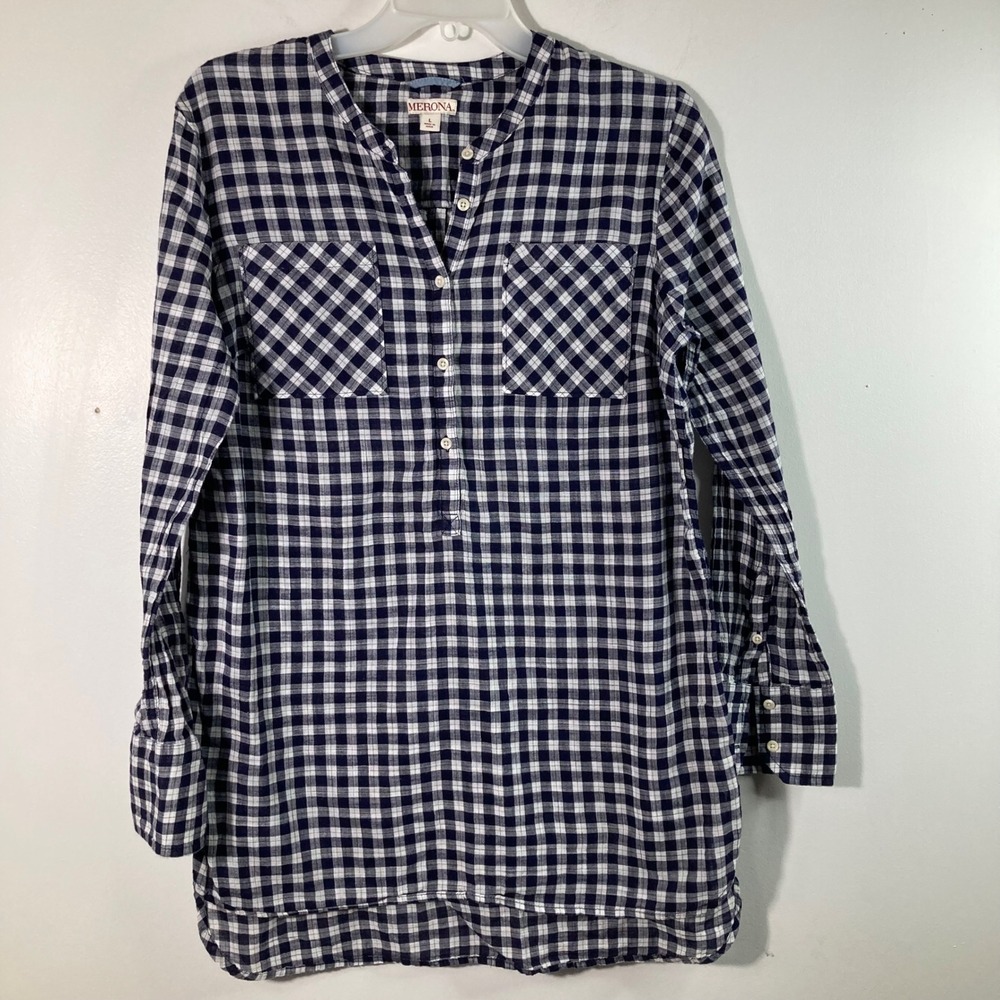 Womens Merona 1/2 Button Pullover Tunic Shirt Gingham Long Sleeve L Cotton